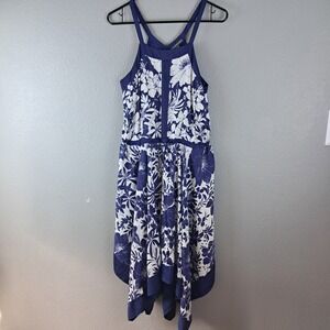 Adrianna Papell Dress Women's Blue White Floral Fit & Flare High-Low Midi Dress